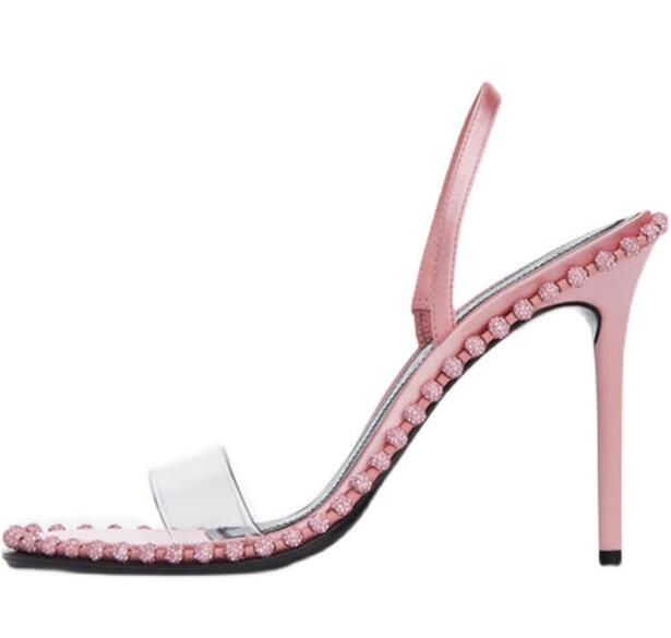 Clear Strap Heel - สาวฤดูร้อนสีชมพูสีดําสีขาวใส PVC Bling เพชรบนรองเท้าแตะผู้หญิงลูกเหล็ก 8 ซม.10