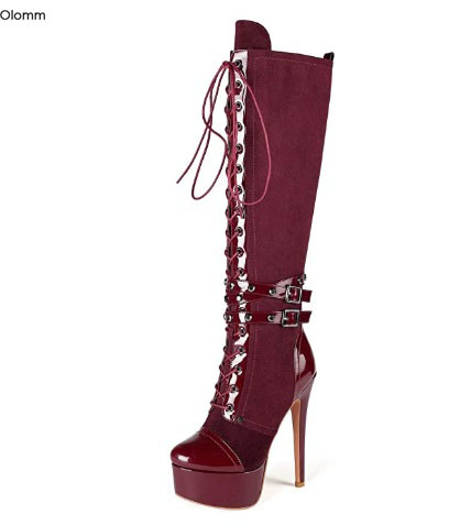 Zip Up Boots Short - Olomm ใหม่มาถึงผู้หญิงเข่ารองเท้าบูทสูง Stiletto รองเท้าส้นสูงรอบ Toe งดงามไวน์แดงสีดําสวยรองเท้าผู้หญิง