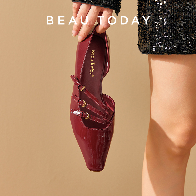 Women Shoes Elegant - BEAUTODAY ปั๊มผู้หญิงสิทธิบัตรหนัง Pointed Toe สายรัดตื้น Mary