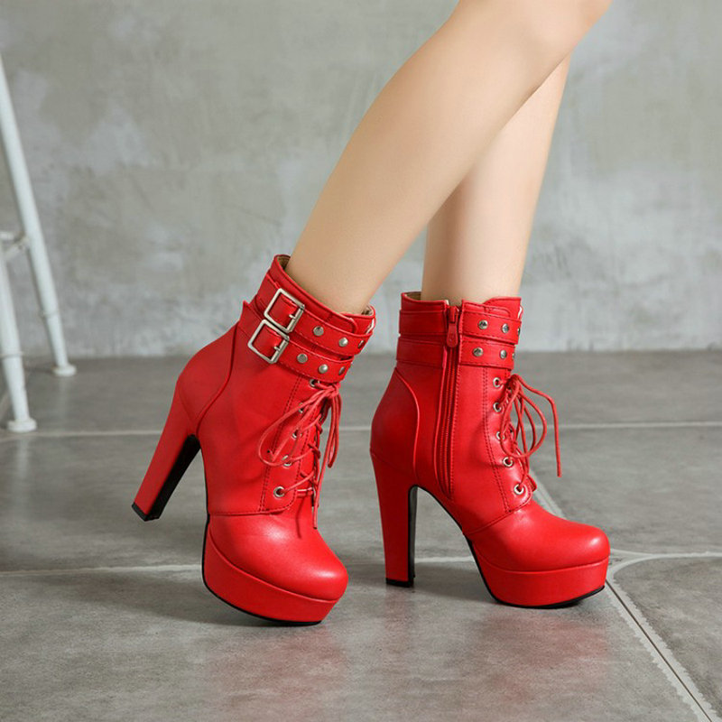 Women Shoes For Big Feet - รองเท้าบูทส้นสูงแบบมีขนบุในสำหรับฤดูหนาว สีเหลืองแดง สำหรับผู้หญิง ไซส์ใหญ่ รองเท้าบูทแบบผูกเชือก สไตล์มอเตอร์ไซค์