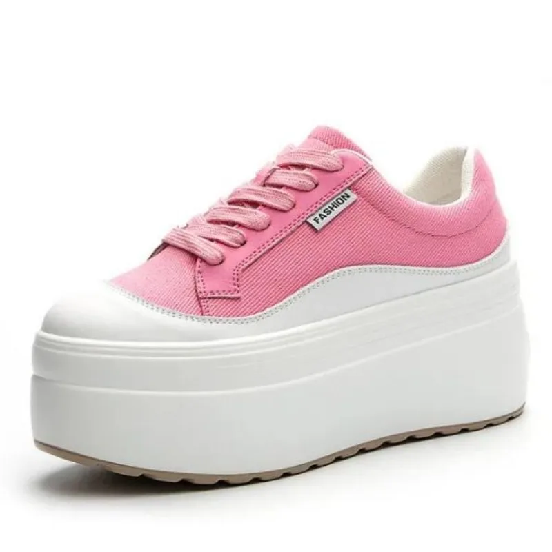 Wedge Heeled Sneaker - 8 ซม.ใหม่ผ้าใบของแท้หนังผู้หญิงสีชมพูแฟชั่นรองเท้าผ้าใบแพลตฟอร์มรองเท้า WEDGE ส้นสุภาพสตรีฤดูร้อนผสมสี Vulcanize