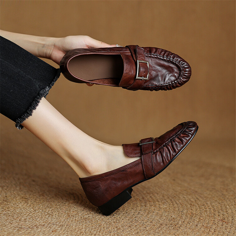 Women Shoes Heels - รองเท้าส้นเตี้ยสำหรับผู้หญิง, ใหม่ฤดูใบไม้ร่วงรองเท้าหนังแท้สตรีรองเท้าบูทหุ้มข้อจีบรอบส้นหนารองเท้าโลฟเฟอร์ผู้หญิง
