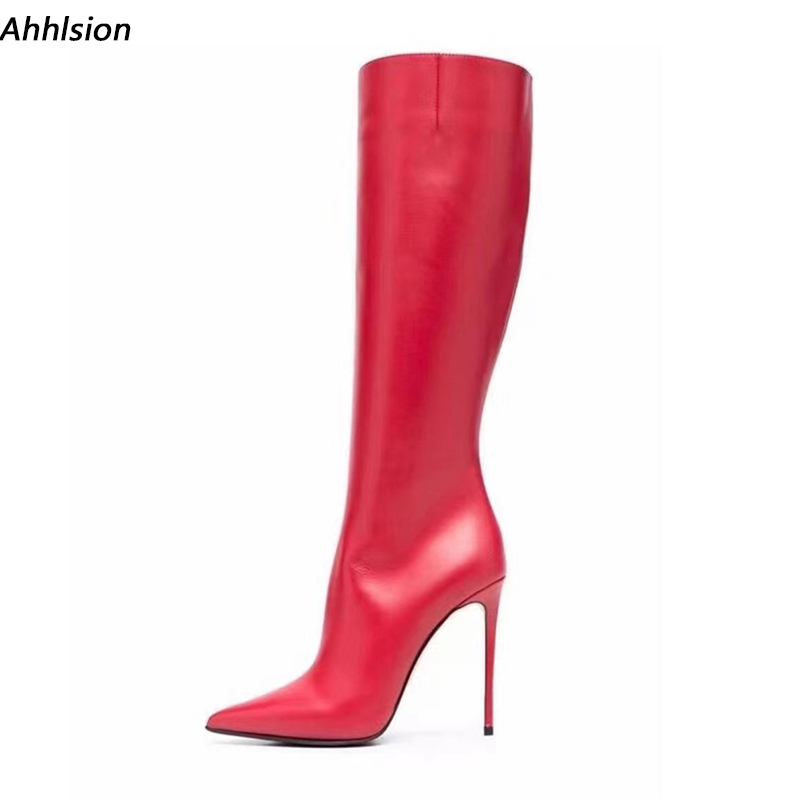 Zip Up Boots Short - Ahhlsion Handmade ผู้หญิงฤดูหนาวเข่ารองเท้าหนัง Faux Stiletto รองเท้าส้นสูงชี้