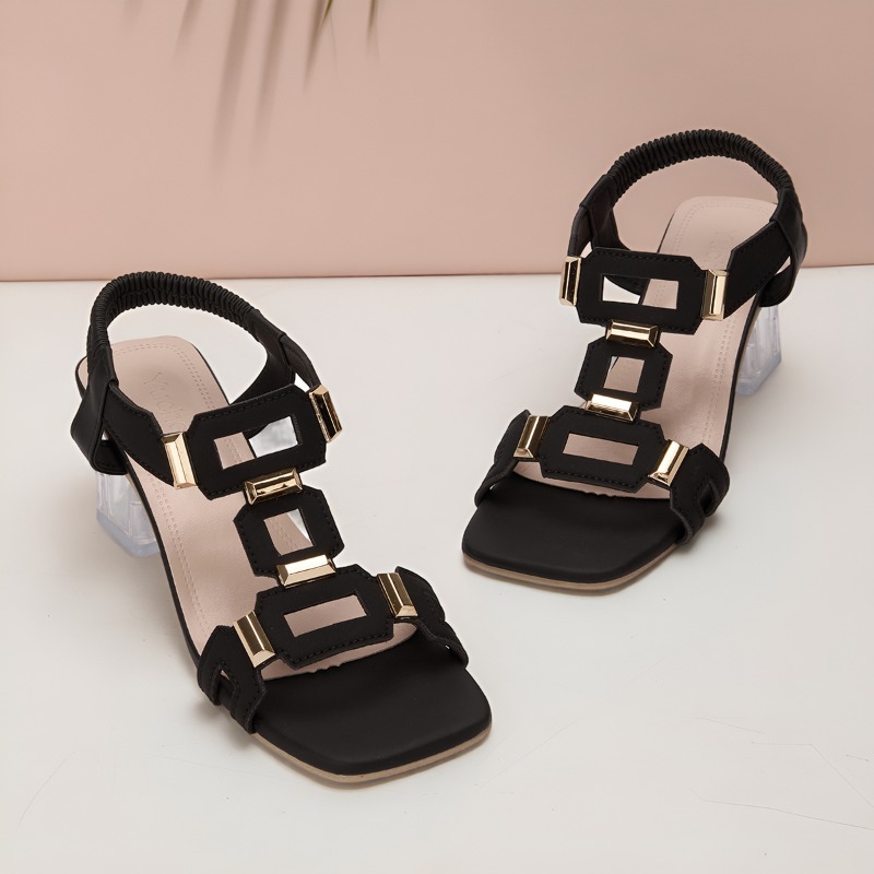 Clear Strap Heel - รองเท้าส้นตึกแบบเรียบหรูสำหรับผู้หญิงไซส์ใหญ่ ส้นใส หัวเหลี่ยม สไตล์เรียบง่าย ดูดี มีระดับ