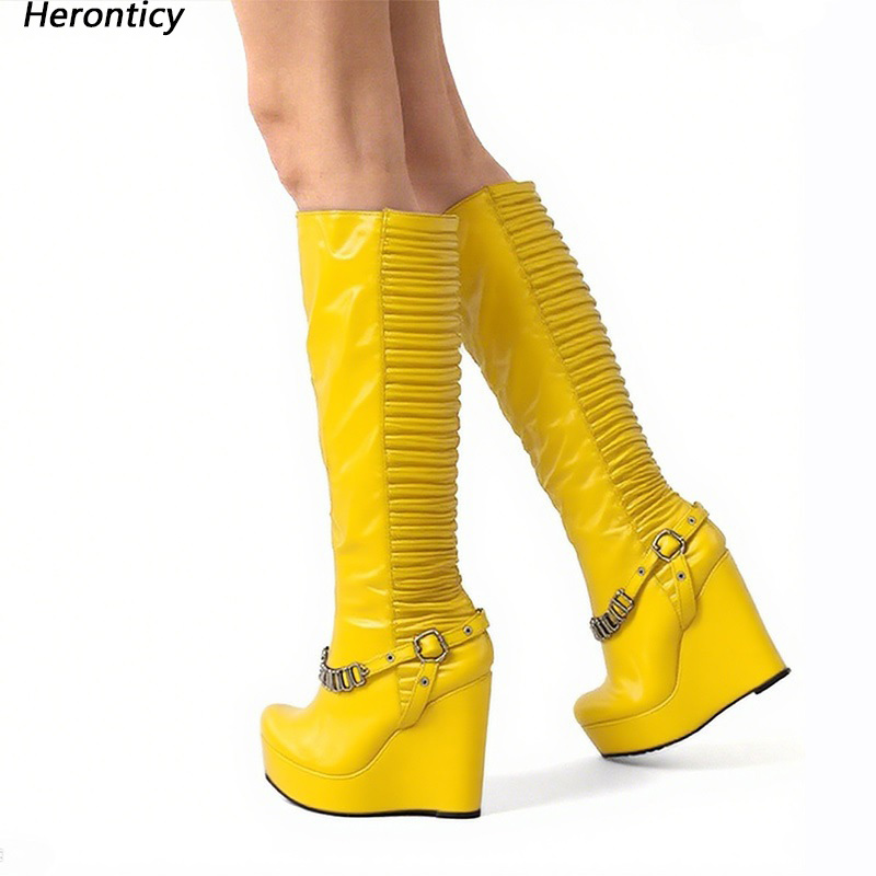 Zip Up Boots Short - รองเท้าบูทผู้หญิงทำมือ Heronticy สำหรับฤดูหนาว ส้นเตารีด หัวกลม สีเหลืองสวยงาม