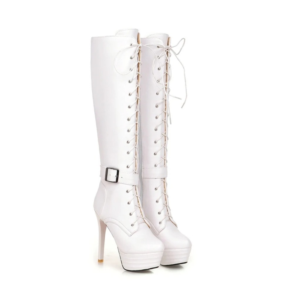 Zip Up Boots Short - รองเท้าบูทสูงถึงเข่า ผู้หญิง แฟชั่น ผูกเชือก ซิป รองเท้าบูทส้นสูงแบบแพลตฟอร์มสำหรับฤดูหนาว