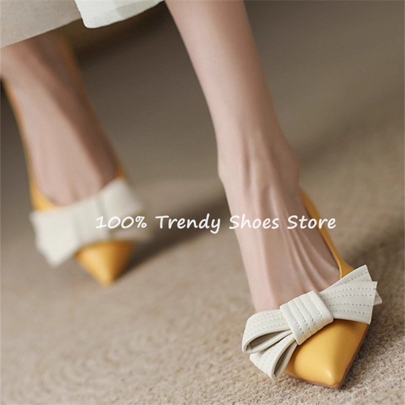Women Shoes Elegant - รองเท้าส้นสูงแบบสวมสำหรับผู้หญิง ตกแต่งโบว์ผีเสื้อ สไตล์ฝรั่งเศส ดีไซน์หรูหรา หัวแหลม ส้นสูง