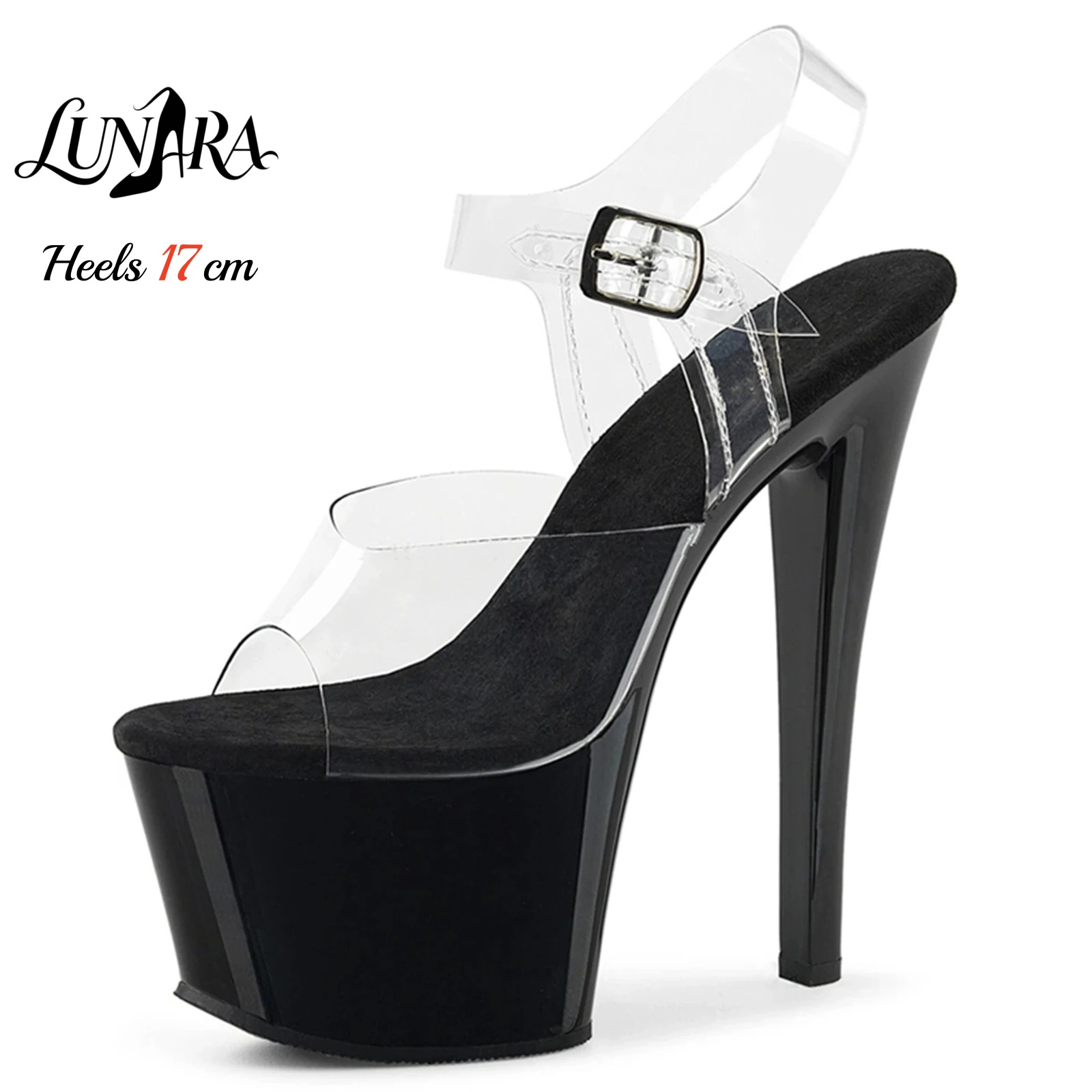 Clear Strap Heel - รองเท้าส้นสูงแบบใส 17 ซม./7 นิ้ว สีดำ เปิดนิ้วเท้า