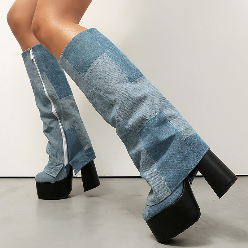 Zip Up Boots Short - รองเท้าบูทหุ้มข้อสูงระดับเข่า สไตล์สตรีทแฟชั่น ไซส์พลัส แต่งขอบสีตัดกัน ซิปด้านข้าง พื้นหนาพิเศษ