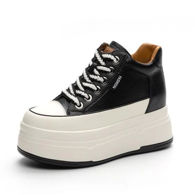 Wedge Heeled Sneaker - 9 ซม.วัวหนังนิ่มของแท้หนังผู้หญิง Vulcanized รองเท้าแพลตฟอร์ม WEDGE High