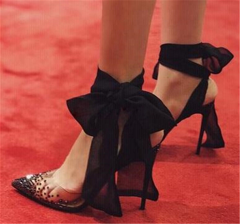 สีแดงสีขาวสีดําตาข่ายริบบิ้น L - Clear Strap Heel บทวิจารณ์และราคา