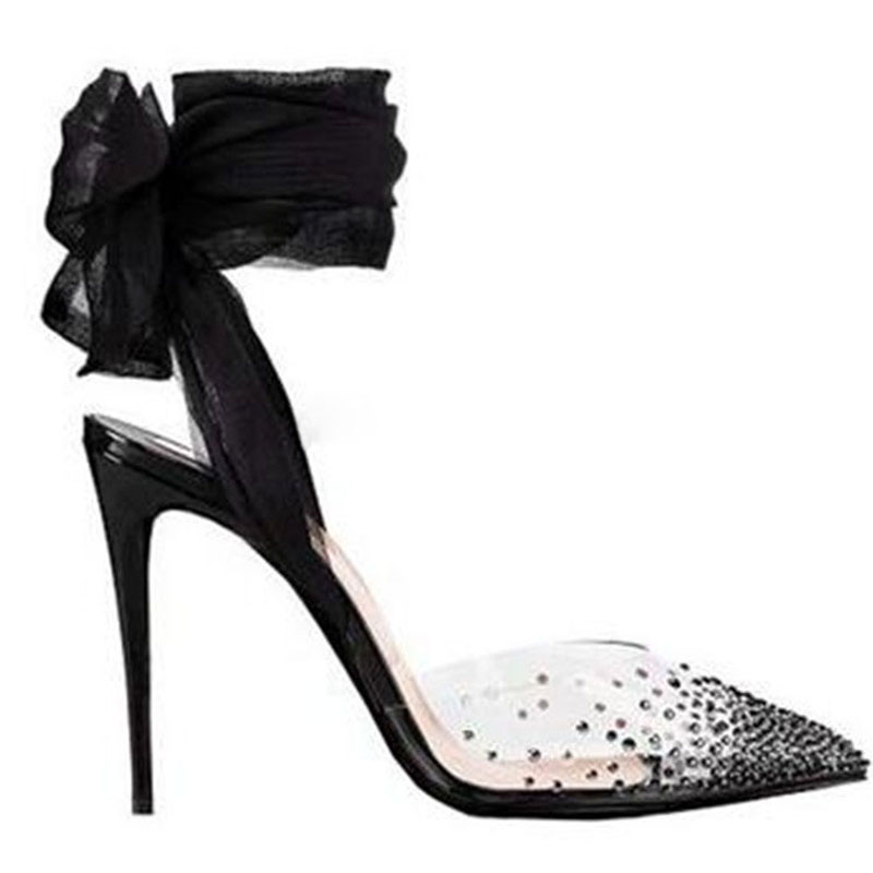สีแดงสีขาวสีดําตาข่ายริบบิ้น L - Clear Strap Heel บทวิจารณ์และราคา