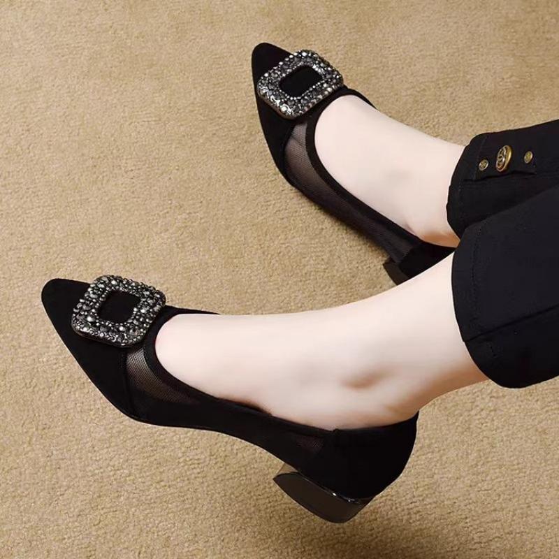 รองเท้าส้นบล็อกหัวแหลมแบบตาข่า - Women Shoes Heels บทวิจารณ์และราคา
